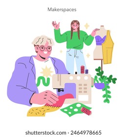 Maker Culture concept A sewing enthusiast and a designer in a makerspace, collaborating in a world of fabric and fashion creation Community and craft in harmony Vector illustration