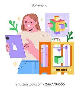 Maker Culture concept Woman with a tablet showcases the innovative process of 3D printing, highlighting the creative potential of modern technology Vector illustration