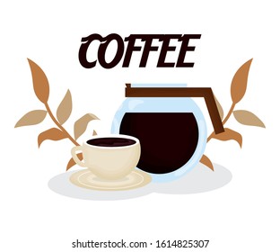 maker and cup leaves fresh beverage coffee time vector illustration