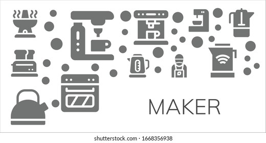 maker icon set. 11 filled maker icons.  Simple modern icons such as: Oven, Coffee machine, Toaster, Kettle, Barista, French press