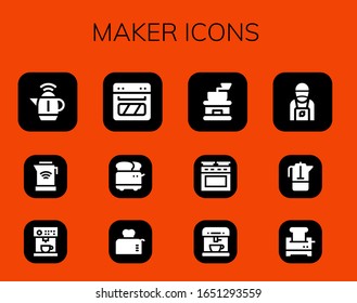 maker icon set. 12 filled maker icons.  Simple modern icons such as: Kettle, Coffee machine, Oven, Toaster, Coffee grinder, Barista, French press