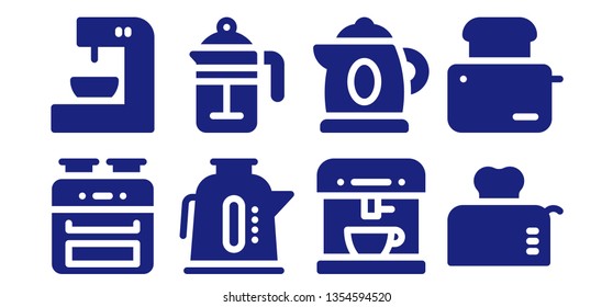 maker icon set. 8 filled maker icons.  Simple modern icons about  - Oven, Coffee machine, Kettle, French press, Toaster