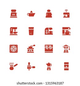 maker icon set. Collection of 16 filled maker icons included Coffee machine, Coffee maker, Cezve, Coffee grinder, Extractor, Thandai, Toaster, Citrus juicer
