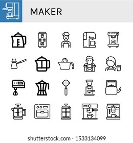maker icon set. Collection of Coffee maker, Kettle, Coffee machine, Barista, Cezve, French press, Juicer, Electric mixer, Portafilter, Coffee grinder, Oven icons