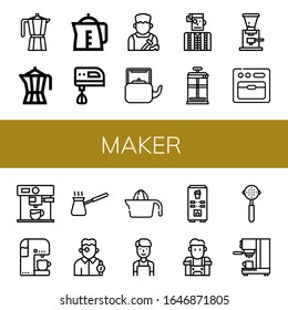 maker icon set. Collection of Moka pot, Coffee maker, Kettle, Electric mixer, Shoemaker, Watchmaker, French press, Coffee grinder, Oven, Coffee machine, Cezve, Juicer, Barista icons