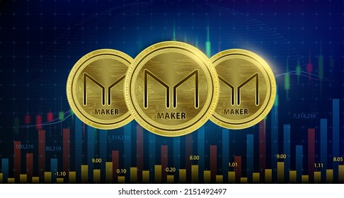 Maker (MKR) 3 coin Cryptocurrency blockchain. Future digital currency replacement technology alternative. Silver golden virtual currency growth share chart background. 3D Vector illustration.