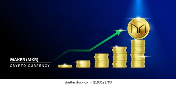 Maker (MKR) Coin crypto on blue background. Stablecoin blockchain token price increase from pile of gold coins.There is space to enter message. Nice for cryptocurrency digital money concept.