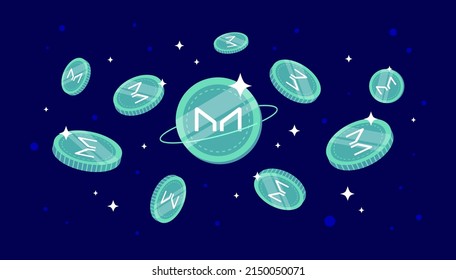 Maker (MKR) coins falling from the sky. MKR cryptocurrency concept banner background.