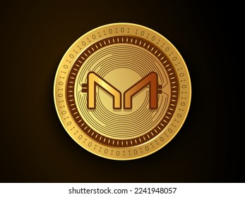 Maker (MKR) crypto currency symbol and logo on gold coin. Virtual money concept token based on blockchain technology. 