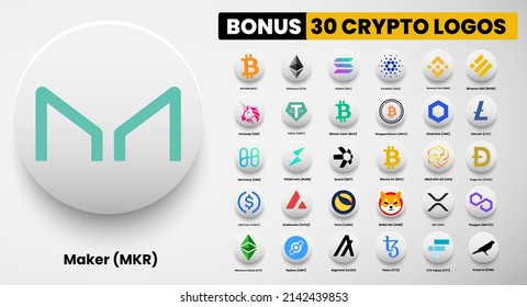 Maker MKR crypto logo symbols of cryptocurrency. Set of Bitcoin, Ethereum, Solana, Binance Coin, Binance USD, litecoin,avalanche, chainlink, maker, dogecoin, USD Coin, Shiba Inu, Polygon, and Helium