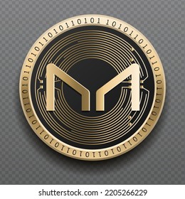 Maker (MKR) cryptocurrency golden coin isolated in transparent background. Virtual currency token symbol vector illustration based on cryptography and block chain technology.