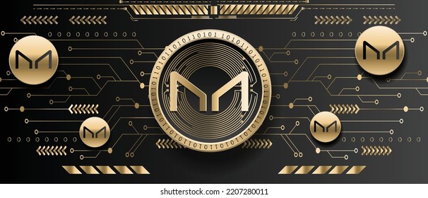 Maker MKR Cryptocurrency Golden Coin On Futuristic Technology Background Vector Illustration Banner And Wallpaper Template 