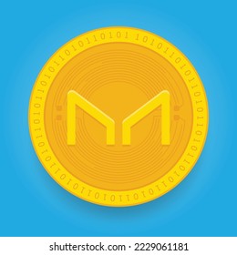 Maker MKR golden coin isolated on blue background. Cryptocurrency vector illustration eps 10 template.