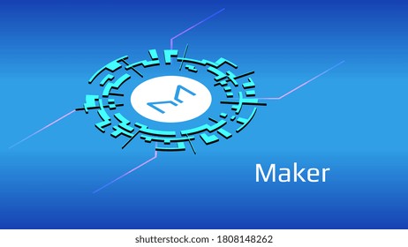 Maker MKR isometric token symbol of the DeFi project in digital circle on blue background. Cryptocurrency icon. Decentralized finance programs. Vector EPS10.