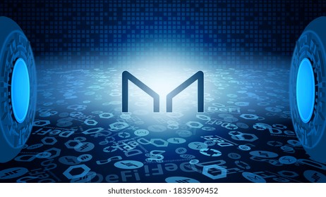 Maker MKR token symbol of the DeFi system shining in the rays of light. Cryptocurrency logo icon. Decentralized finance programs. Vector EPS10.