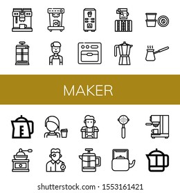 maker simple icons set. Contains such icons as Coffee maker, French press, Coffee machine, Barista, Oven, Watchmaker, Moka pot, Coffee capsule, can be used for web, mobile and logo