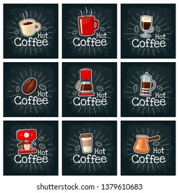 Maker, take away, coffee machine, cezve or turkish, pot, french press, bean, cup. icon. Vector color flat icon. Isolated on the black chalkboard with vintage white chalk engraving rays, lettering