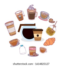 maker takeaway cup milk bread cookies honey latte frappe fresh beverage coffee time vector illustration