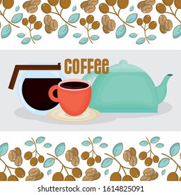 maker teapot and cup branch seeds fresh beverage coffee time vector illustration