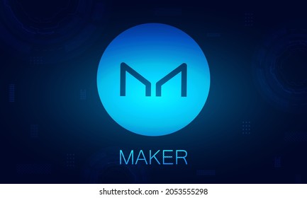 Maker token (MKR) crypto currency logo with blue background.Cryptocurrency symbol concept. 