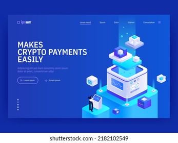 Makes crypto payments easily isometric vector image on blue background. Fast and safe financial operations. Business tech features. Web banner with space for text. Composition with 3d components