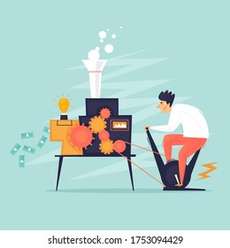Makes money. Businessman twists the mechanism for the production of money. Flat design vector illustration.