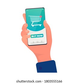 Hace compras a través de la aplicación. Icono de carrito de compras en la tienda online. Comprando productos en línea. Manos con un teléfono de cierre. Aislado. Vector.