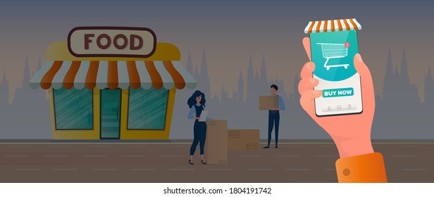 Makes purchases through the app. Shopping cart icon in the online store. Buying goods online. Hands with a phone close-up. Vector.
