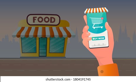 Einkäufe über die App. Warenkorb-Symbol im Online-Shop. Waren online kaufen. Hände mit einem Telefon, Nahaufnahme. Vektorgrafik.