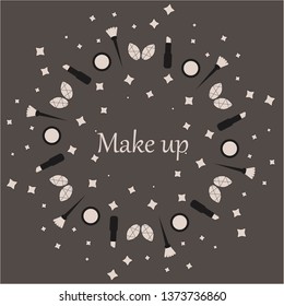 makeup accessories, background of brushes, lipstick, powder box