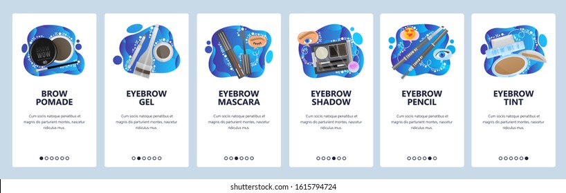 Makeup Accessories, Beauty Salon, Eyebrow Mascara, Pencil, Tint, Brow Pomade. Mobile App Onboarding Screens. Menu Vector Banner Template For Website And Mobile Development. Web Site Design Flat