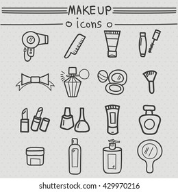 Make-up accessories icons hand drawn set. Vector illustration of hair dryer, comb, ribbon, perfume, sunscreen, powder, brush-on,mascara, lipstick
