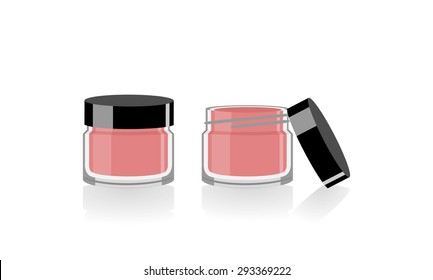 Makeup accessories. Open and closed jar full of cosmetic product, lip gloss or cream. Pink color glass doublewall can with black plastic lid, vector art image illustration isolated on white background