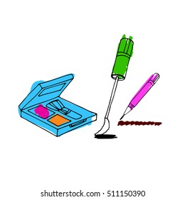 Makeup accessories set. Brush, powder, lipstick, eye pencil, nail polish vectors.
