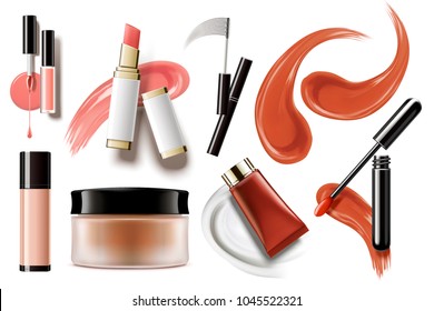 Makeup accessories set, top view of tools and cream texture in 3d illustration