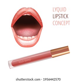 Make-up ad concept for lips with open glossy shining mouth, and liquid lipstick.