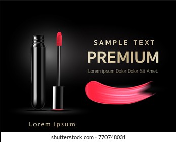 Makeup ad templates, Crimson lipstick dolls with Sparkle, 3D illustration, Black gold background