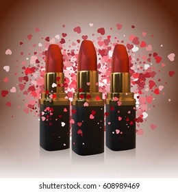 Makeup ads template. 3d illustration lipstick with heart symbols.