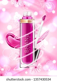 Makeup ads template charming  lipstick mockup with sparkling background. Lipstick with Sakura flower. Vector illustration