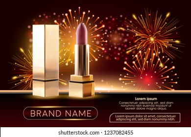 Makeup ads template Charming red lipstick mockup with sparkling background. Package Design Promotion Product. Cosmetics Advertising Banner, Flyer, Billboard, Poster or Catalog. 3D Vector Illustration