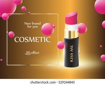 Makeup ads template, design lipstick packaging, pink background. 3d vector illustration