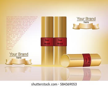 Makeup ads template. Gold lipsticks mockup with sparkling background. Charming lips golden allure. 3d Vector illustration