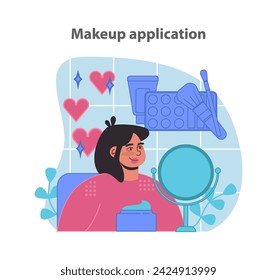 Makeup application tutorial. A cheerful woman engages with various cosmetics and brushes, creating beauty. Flat vector illustration.