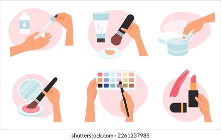 Makeup applying set vector illustration. Cartoon girls hands holding lipstick and eyeshadow palette, brush to apply glamour facial visage and cosmetic beauty products on face skin, eyes and lips