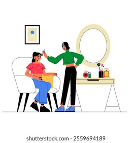 Makeup Artist Applying Makeup To Female Client In Flat Vector Illustration Symbolizing Beauty Services, Salons, And Professional Makeup, Isolated On White Background.