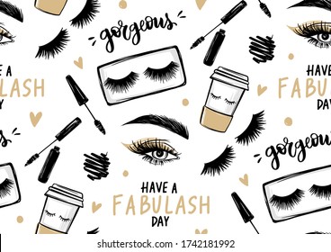 Makeup artist background. Seamless pattern with mascara, eyeshadow, eyes, brows and long black lashes, Paper coffee cup and brush stroke. Repeat fashion illustration for girls, woman, fabric, wrapping