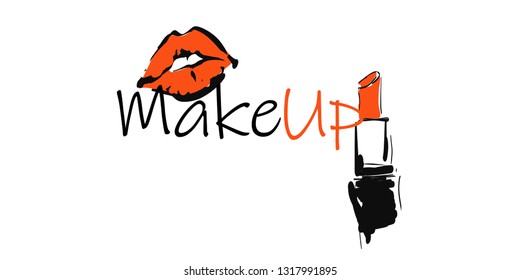 Makeup artist banner. Business card concept. Hand drawn lipstick and red lips. Vector template