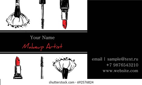 Makeup artist banner. Business card concept. Beauty Set for make-up: lipstick, mascara, makeup brush, Logo vector template illustration