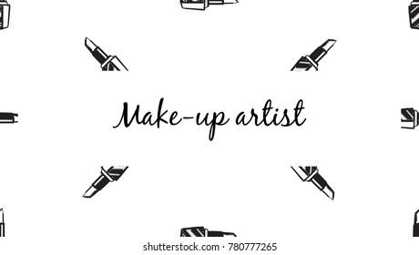 Makeup artist banner. Business card concept. Beauty Set for make-up: lipstick, lips, Logo vector template illustration