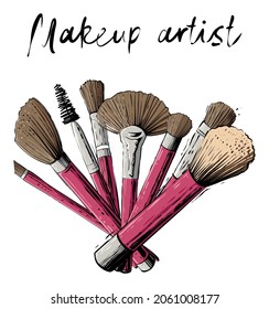 Makeup artist banner with set of brushes, color vector illustration